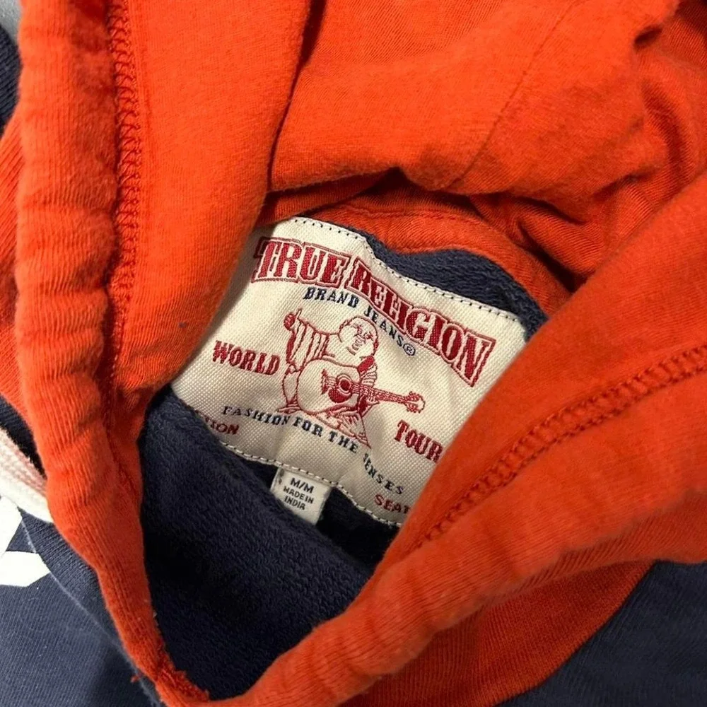 Men's Y2K True religion graphic hoodie Navy orange and white